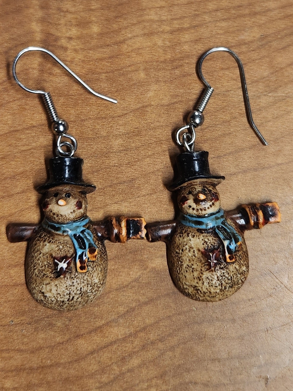 Handcrafted Snowman Dangle Earrings in Blue and Black Vintage